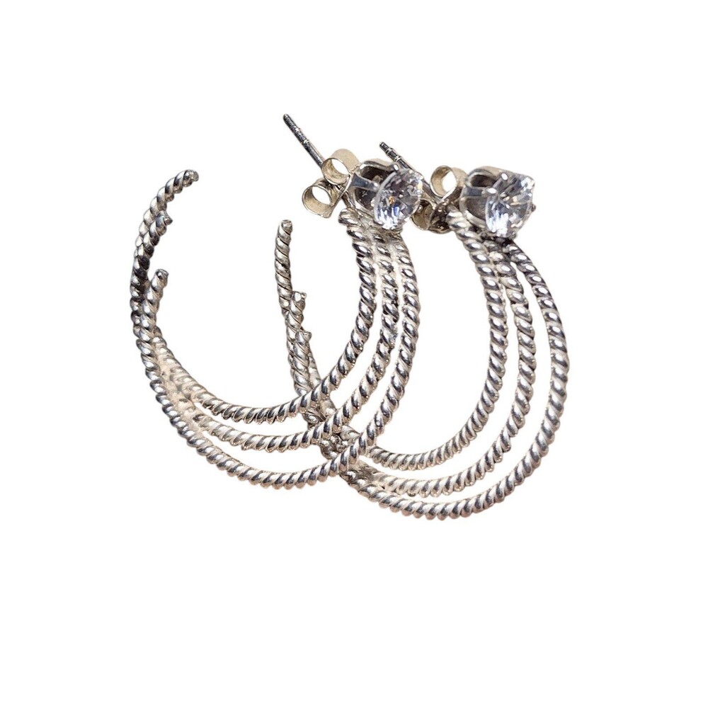 Sterling Silver Twisted Triple Hoop CZ Stud Earrings